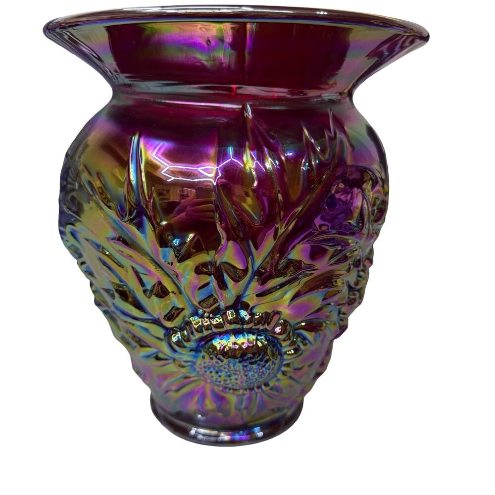 1993 Fenton Alpine Thistle Red Carnival Glass Family Signature Vase Frank Fenton